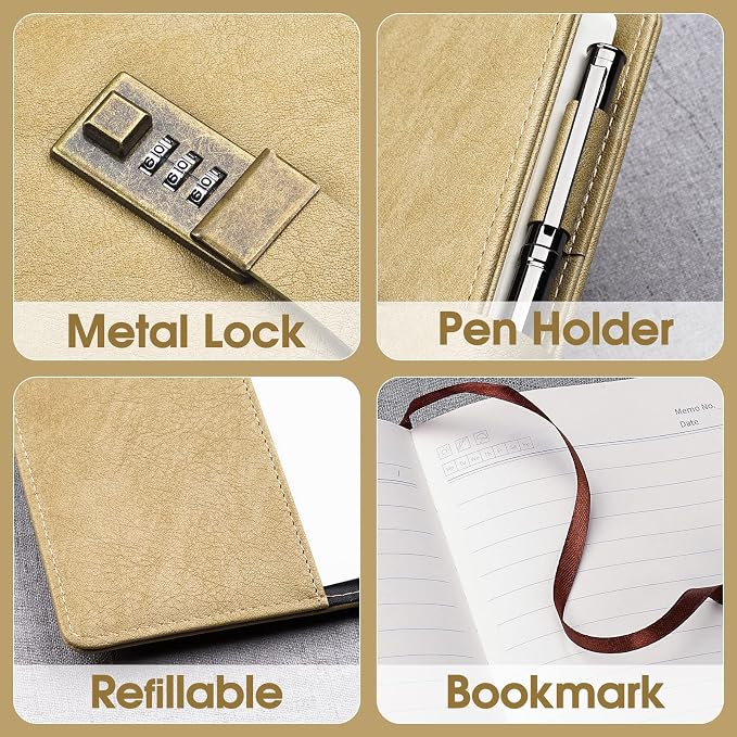 WEMATE Diary with Lock, A5 PU Leather Journal with Lock 240 Pages, Vintage Lock Journal Password Protected Notebook with Pen & Gift Box, Lock Diary Planner Organizer for Men and Women, 8.6x5.8in
