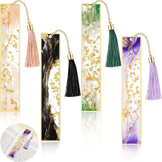 Gersoniel 4 Pieces Resin Bookmarks Handmade Resin Gilt Bookmarks with Tassels Presents for Women Kids Students Teachers and Book Lovers School Home Reading(Bright Color)
