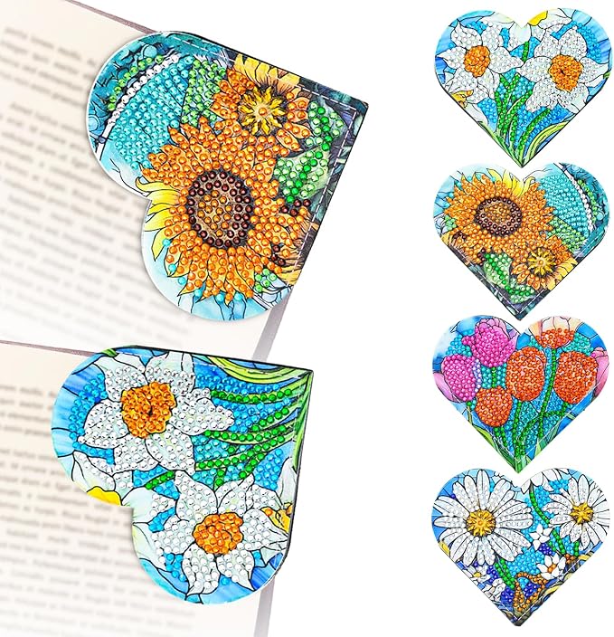 4 Pcs Diamond Painting Bookmark, DIY Corner Book Makers for Adults Book Lovers, Diamond Dot Art Beginners, Small Diamond Art Kits, Paint by Art Crafts Gift for Women Girls (Heart Flower)