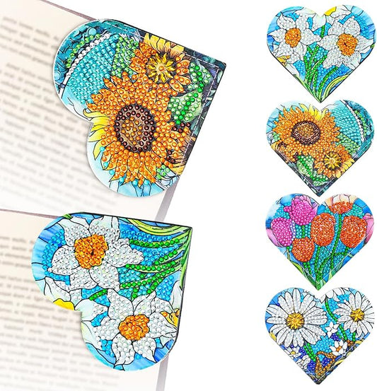 4 Pcs Diamond Painting Bookmark, DIY Corner Book Makers for Adults Book Lovers, Diamond Dot Art Beginners, Small Diamond Art Kits, Paint by Art Crafts Gift for Women Girls (Heart Flower)