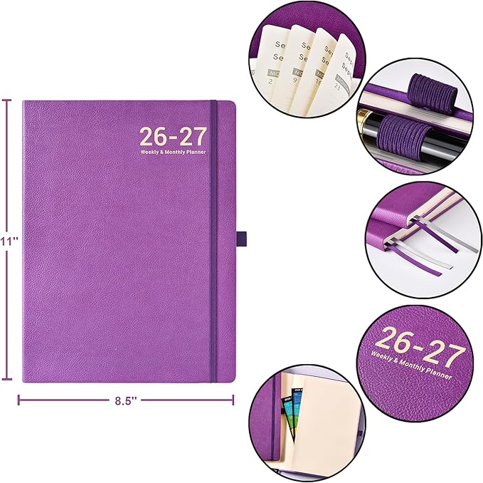 Planner 2026-2027- JUL 2026 - JUN 2027, Planner 2026-2027, Weekly and Monthly planner, 8.5" x 11", Leather Cover Planners with Thick Paper, Back Pocket with Notes Pages, Purple