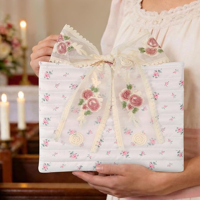 Vintage Pink Rose Quilted Bible Book Bag Cover for Women – Fits Standard Size Bibles Padded Protector Washable Cotton Bag with Elegant Lace Handle with Interior Zipper Pocket
