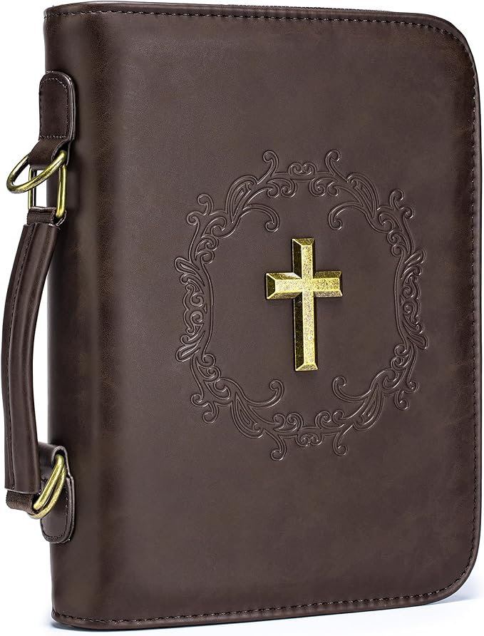Large Bible Cover Case with Shoulder Strap Plush Velvet Lining Vegan Leather Bible Bag with Handle for Men Women Christian Gift Brown
