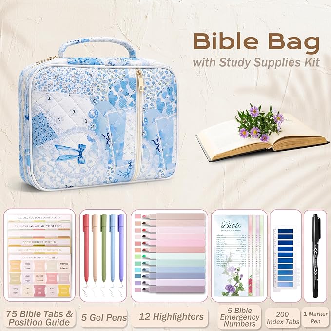 XKDOUS Bible Cover for Women Church Book Holder Quilted Carrying Case with Handle, Tabs, Study Supplies Portable Bible Bag Journaling Kit Christian Gifts for Mom Lady