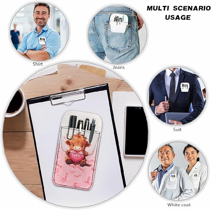 chaqlin Pocket Protector Pen Holder, Highland Cattle Love Heart Print PU Leather Pocket Organizer Pouch for Shirts Lab Coats Pants Pen Sleeve Writing and Correction Supplies