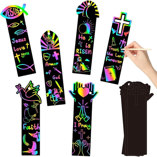 CY2SIDE 60PCS Religious Scratch Bookmarks, DIY Crosses Rainbow Color Paper Cards Craft Kits for Christian Sunday School Church, Easter Magic Art Project for Vacation Bible Classroom