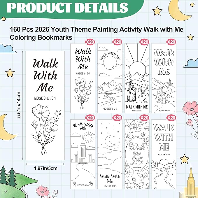 Resurhang 160 Pcs Walk with Me LDS Bookmarks 2026 LDS Youth Theme Gifts for The Church of Jesus Christ, Latter-Day Saints Mormon Church