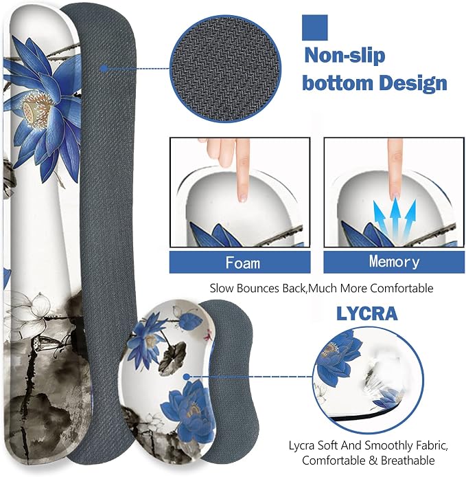 ARTSO Extended Gaming Mouse Pad Set, Keyboard Wrist Rest Support Pad + Wrist Cushion + XXL Large Mouse Pad + Coaster, Stitched Edge, Non-Slip, Memory Foam Desk Mat, Blue Lotus Ink Painting