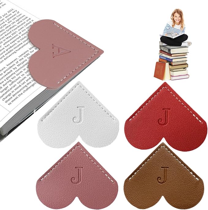 4Pcs Personalized Leather Heart Bookmark with Initial, 26 Letters Custom Corner Page Book Mark for Reading Women, Book Lovers, Teachers, Students, Book Accessories(White+Red+Dark Pink+Dark Brown, J)