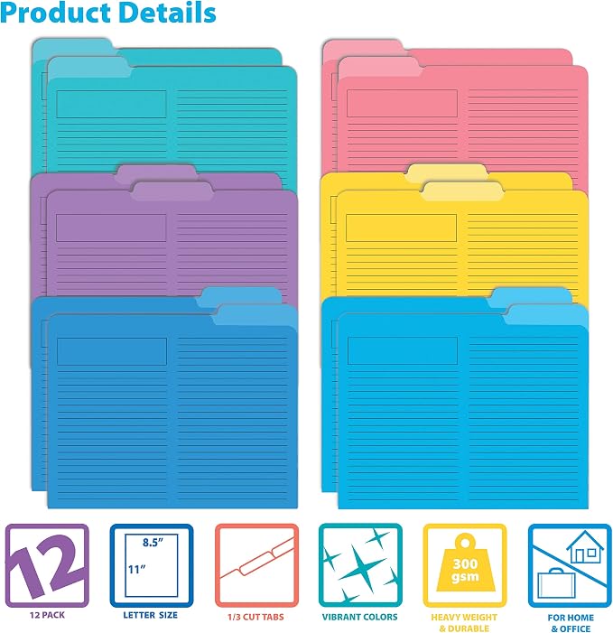 Better Office Products Lined File Folders, 12 Pack, Heavyweight, 1/3 Cut Tabs, 6 Vibrant Colors, Top Custom Subject Box, Letter Size Folders, 9.5" x 11.5",
