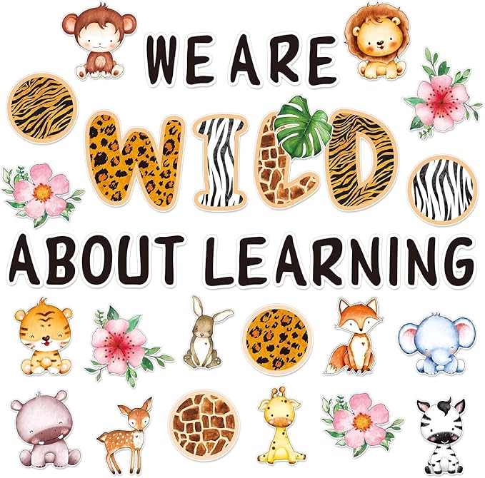 JarThenaAMCS We are Wild About Learning Bulletin Board Set Wild Safari Animals Paper Cutouts with 100Pcs Glue Points Woodland Theme Cut-Outs Decor for Back to School Kindergarten Jungle Party, 56Pcs