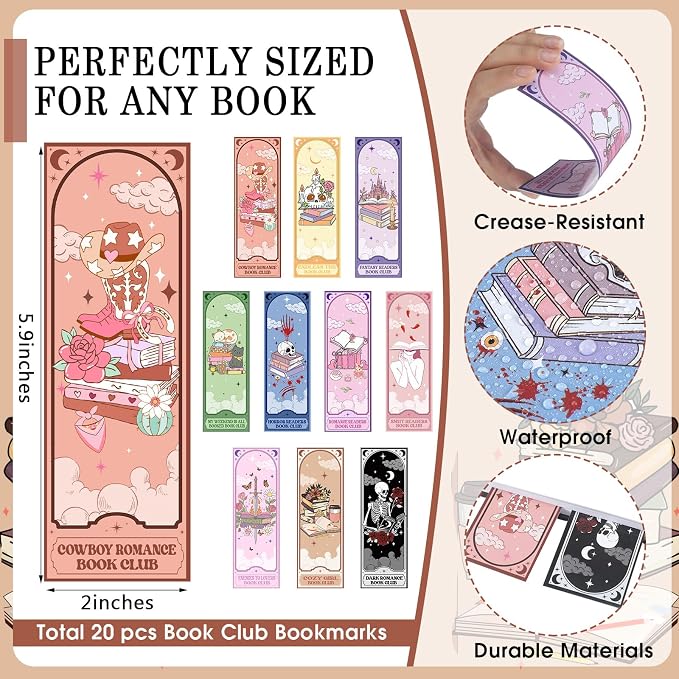Affrolling 60 Pcs 20 Set Book Club Tarot Bookmarks and Pens Double Sided Romance Reading Lover Gifts Dark Romance Book Club Readers Accessories Supplies Gifts Bulk for Women Teachers Reading