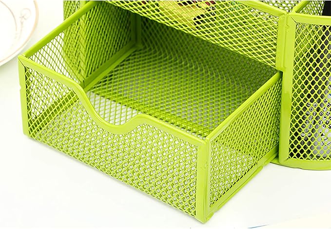 VANRA Metal Mesh Desk Supply Caddy Desktop Office Supplies Organizer Supply Holder 8 Compartments with Drawer (Green)