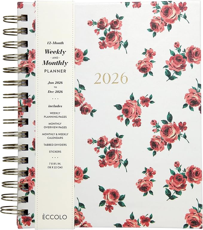 WORLD TRAVELER 2026 Planner Weekly and Monthly - 7'' x 8.75'' Hard Cover January December Spiral Daily Planner 2026 To Do List, Size 7X8.75, Red Roses