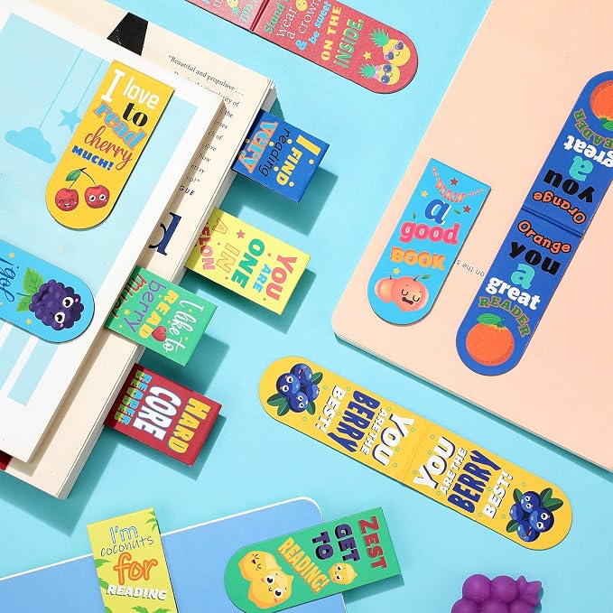 48 Pack Scented Bookmarks Magnetic Scratch and Sniff Fruit Food Bookmarks for Kids Cute Page Markers with Sayings for Kids Students Teens Teachers(Fruit Flavor)