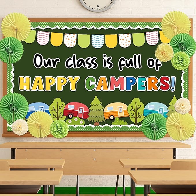 Summer Camping Bulletin Board Decorations Set with 3D Tissue Paper Flower Paper Fan Camping Theme Classroom Bulletin Board Border Set Vintage Trailer Cutouts for Woodland School Chalkboard Supplies