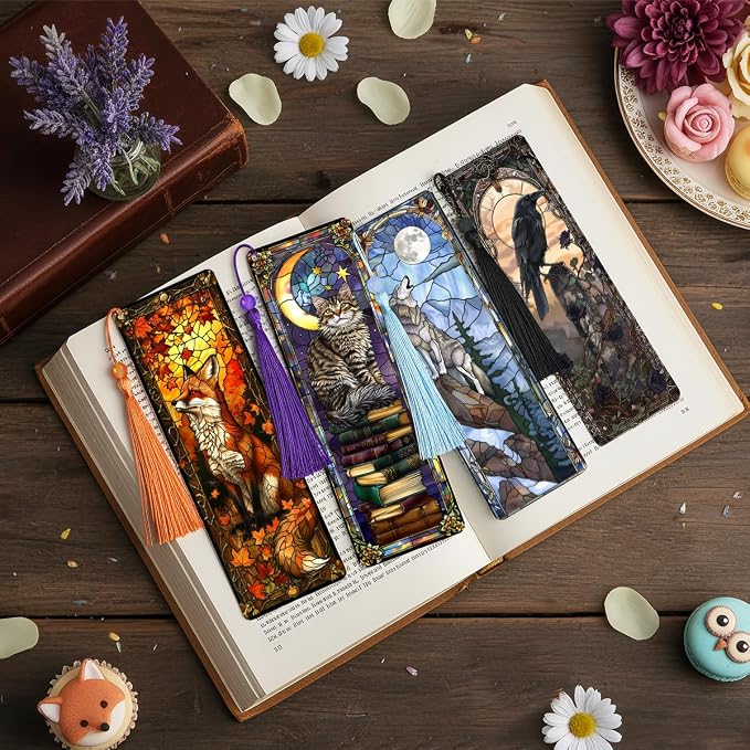 4 Pcs Fantasy Animal Bookmarks Gifts for Reading Women, Stained Glass Transparent PVC Book Marks with Tassels, Cute Black Cat Design Gift, Cool Book Accessories for Book Lovers Bookish
