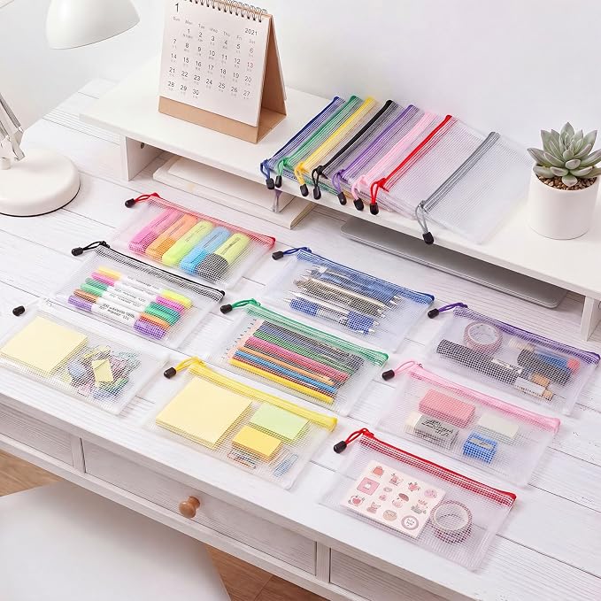 Handepo 1000 Pieces A6 Mesh Zipper Pouch Bulk, Pencil Storage Pouch Mesh Cosmetics Bag Waterproof Reusable Plastic File Folder Case for School Office Travel Supplies Organization, 10 Colors