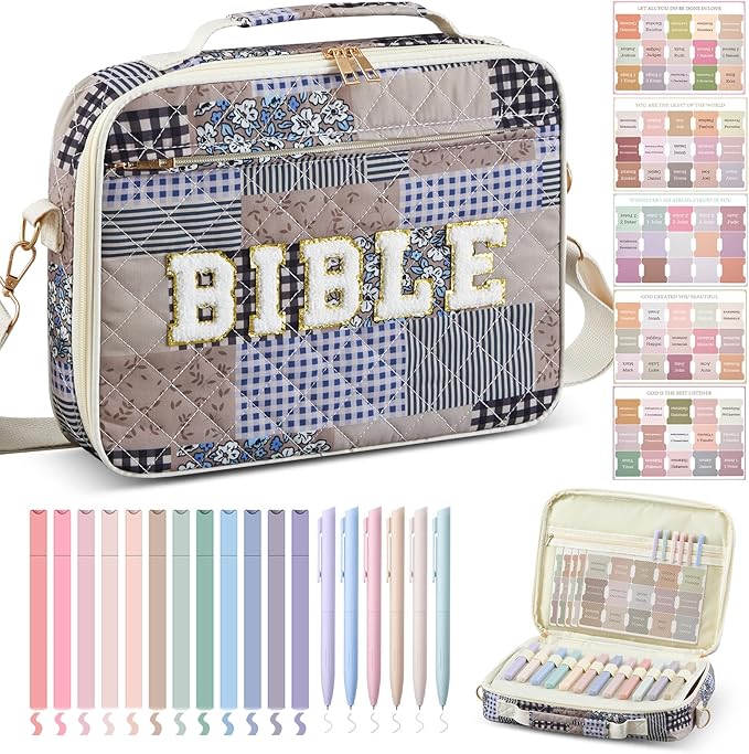 Sinload Quilted Bible Cover Case for Women 12 x 9 x 2.5 Inch Bible Chenille Letter Bag with Shoulder Strap Carrying Tabs 6 Colored Pens 12 Highlighters Christian Church Study Gifts(Dark,Splicing)