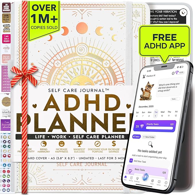 Adhd Daily Planner - A Self Care Personal Gratitude Journal to Increase Productivity and Success in Life & Work, Weekly & Monthly Undated Planner for Women and Men, Vision Board & Organizer + Stickers
