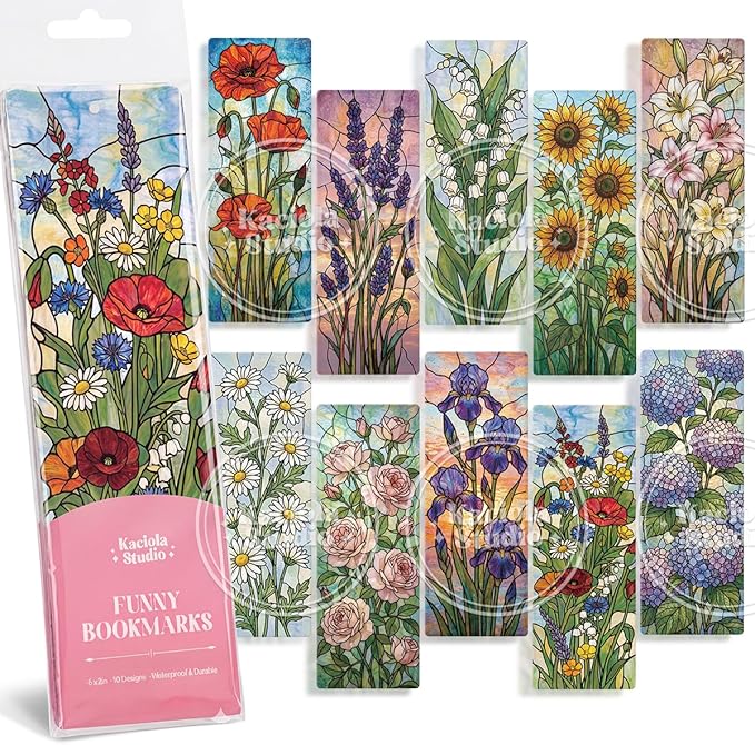 Kaciola 10PCS Stained Glass Bookmarks, Floral Transparent Book Marks for Reading, Book Lovers Bookish Items Gift, Cool Bookmarks Accessories for Women Men Book Lovers Booktok (Floral)