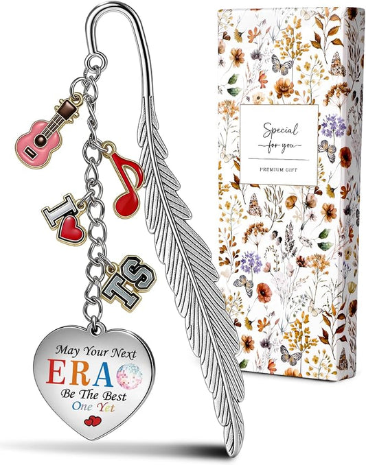 Buleens Bookmarks for Women Reading - Book Marks for Readers Book Lovers, Feather Music Guitar Red Personalized Metal Bookmark with Pendants, Pretty and Aesthetic Book Accessories Reading Gifts