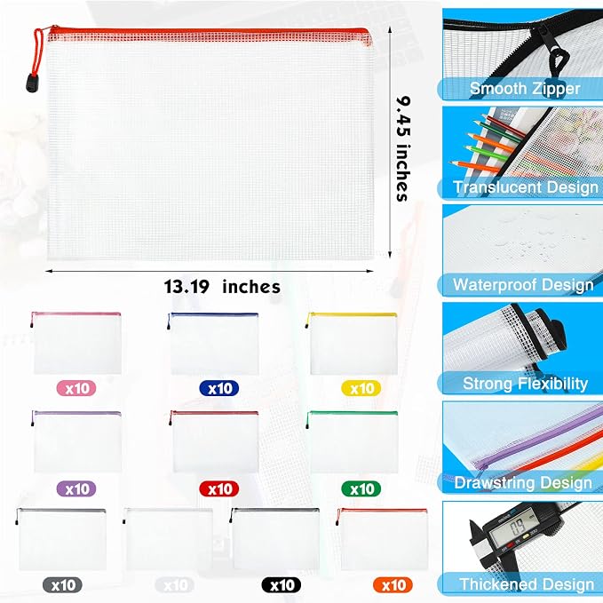 Zhehao 100 Pcs A4 Mesh Zipper Pouch Bag Bulk Mesh Pouch with Zipper Waterproof Clear Storage Bag for School Office Supplies Cosmetics Travel(A4(13.19 x 9.45 in),Multi Color)