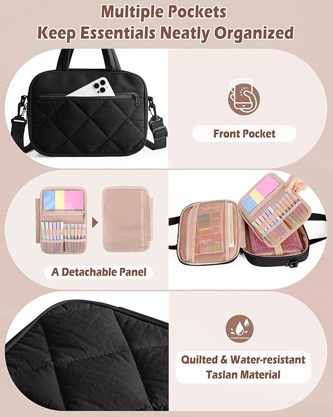 Marscamd Quilted Bible Cover Case with Crossbody Strap and Multiple Pockets, Lightweight Bible Bag for Women, Black