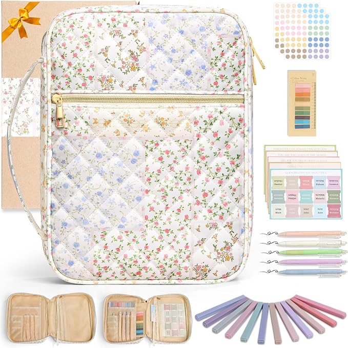Bible Cover Case for Women Girls: Christian Mothers Day Gifts for Mom Large Quilted Bible Bag with Multi Pockets 26Pcs Study Supplies Journaling Kit, Floral Print Durable Book Carrying Organizer