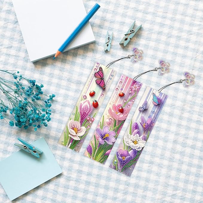 ARTopet 3Pcs DIY Diamond Art Painting Bookmarks with Colorful Butterfly Pendant PET Bookmark Ornament Double Sided Pattern Single Sided Diamond Book Marker Clip Gifts Tags-Flowers05