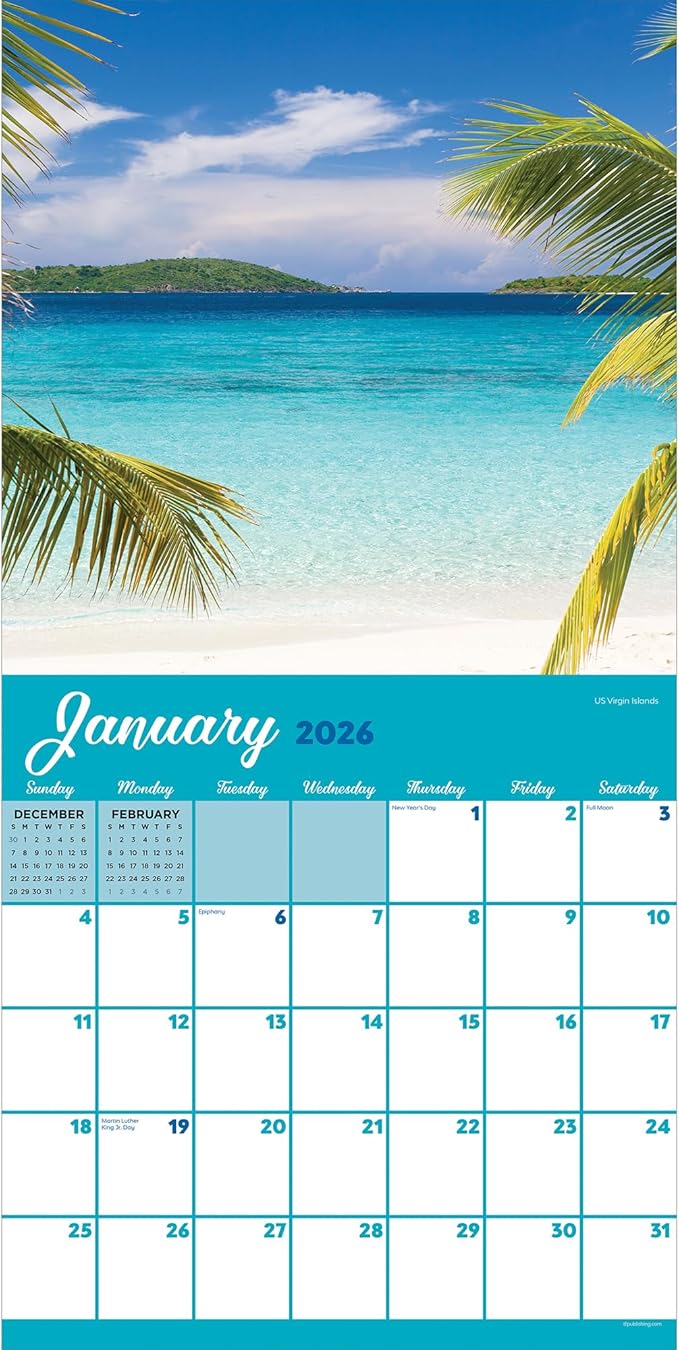 TF Publishing 2026 Tropical Beaches Wall Calendar - Large Grids for Appointments and Scheduling - Vertical Monthly Wall Calendar 2026 w/Premium Gloss Paper for Home and Office Organization - 12x12in
