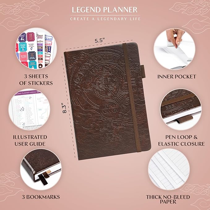 Legend Planner – Undated Weekly & Monthly Life Planner to Hit Your Goals & Live Happier, Organizer Notebook & Productivity Journal, A5 (Dark Brown)