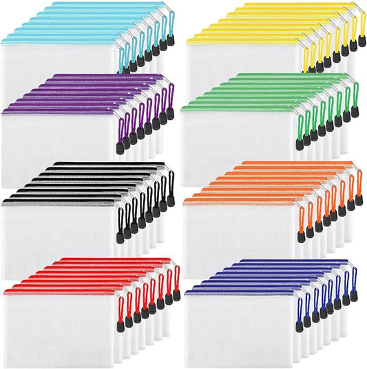 64Pcs Mesh Zipper Pouch Bags, 8 Colors A4/Letter Size Waterproof Zipper File Bags, Reusable Document Organizer Pouches for School, Office Supplies, Home, Toys, Puzzle, Travel