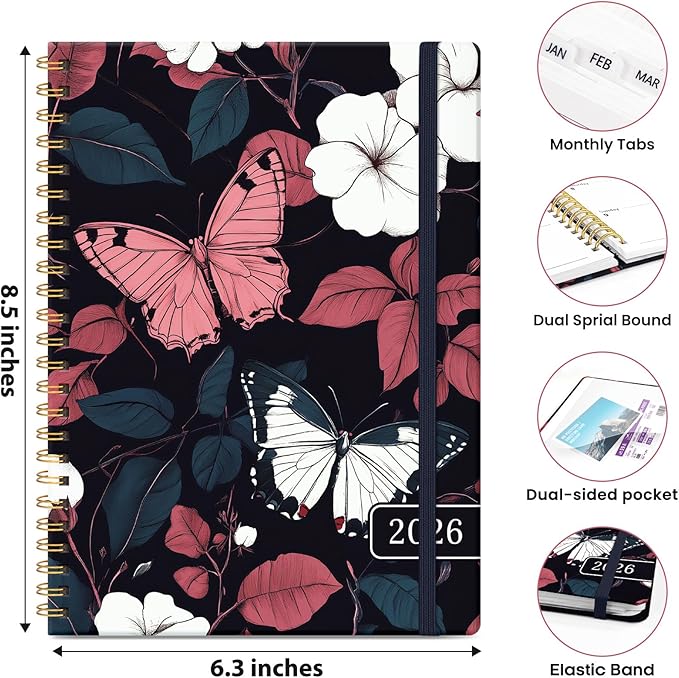 2026 Planner, Weekly and Monthly Planner for Women, January 2026 - December 2026, Hardcover 2026 Calendar Planner Book with Tabs, Inner Pocket, Spiral Bound, Perfect for Office Home School Supplies - A5 (6.3" x 8.5"), Crimson Wings