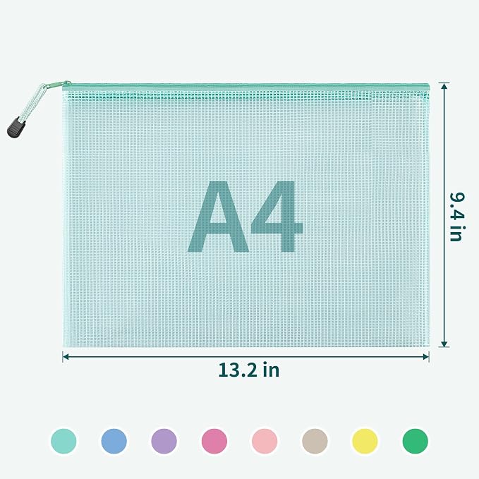 JARLINK 16pcs Mesh Zipper Pouch for Organizing, A4 Size Waterproof Zipper Storage Bags, 8 Colors Plastic File Pouch, Multipurpose for Travel, School, Board Game, Puzzles, Office, and Home Organize