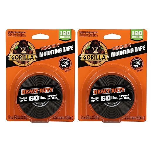 Gorilla Heavy Duty, Extra Long Double Sided Mounting Tape, 1" x 120", Black, (Pack of 2) & Tough & Clear Double Sided Tape Squares, 24 1" Pre-Cut Mounting Squares, Clear, (Pack of 1)
