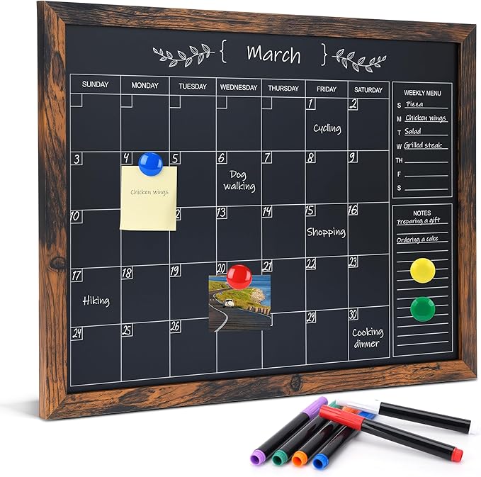 Chalkboard Calendar for Wall,13" x 17",Small Rustic Framed Magnetic Chalkboard for Home Kitchen Office School