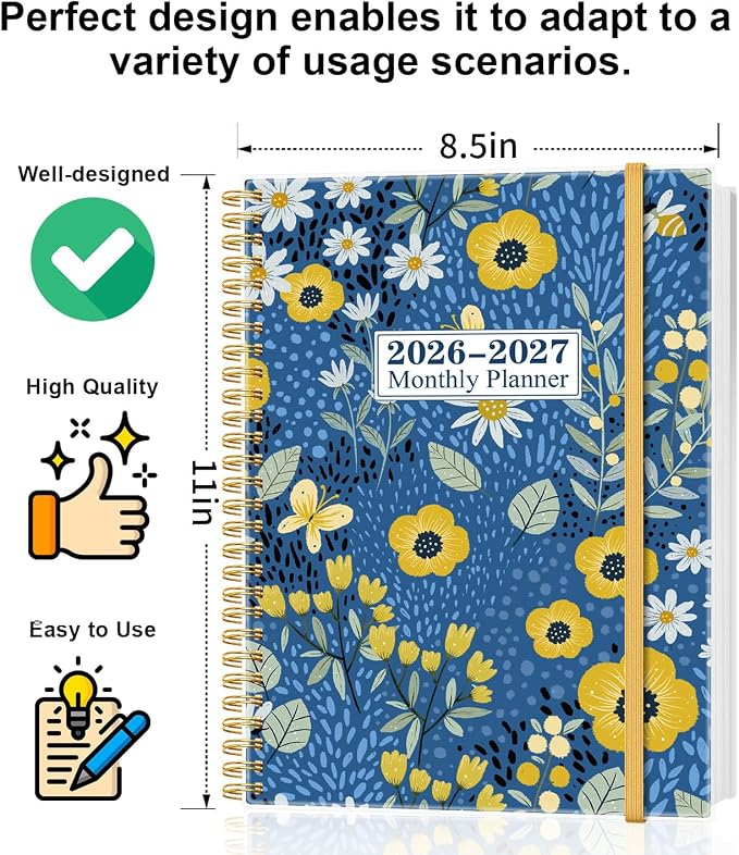 Monthly Planner 2026-2027 – Monthly Calendar from May 2026 to December 2027, 20 Month Planner with Spiral Binding, Inner Pocket, Elastic Closure, 8.5" x 11", Flower-C