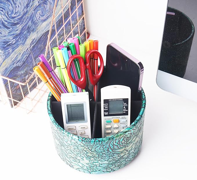 Round Leather Art Supply Organizer,Remote Control Holder,360 Degree Spinning,Multi-Functional Pencil Holder,4 Compartments Desktop Stationary Organizer(1-Rich Flower Green)