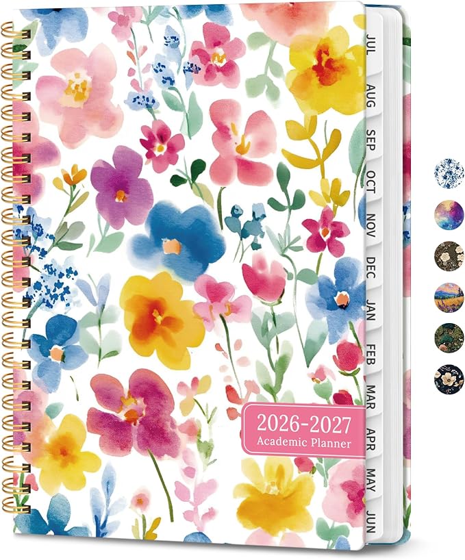 Planner 2026–2027, Academic Planner Weekly and Monthly Calendar Jul 2026 – Jun 2027 Hardcover Planner with Tabs and Pocket, Spiral Bound Agenda Book for Student & Teacher, 8.5" x 11", Bloom Floral