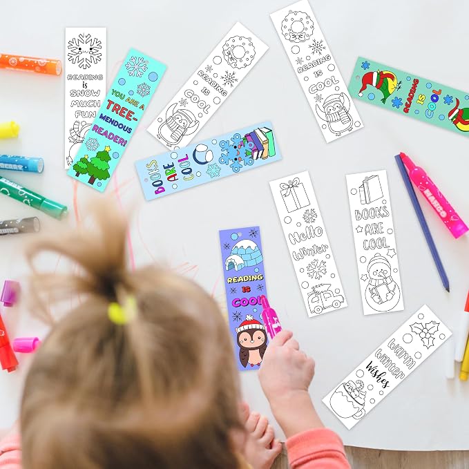 ANGOLIO Winter Word Coloring Bookmarks - Hello Winter Color Your Own Bookmarks DIY Coloring Blank Book Accessories Happy Holiday Home Classroom Party Favor Christmas Goodie Bag Filler for Kid Student