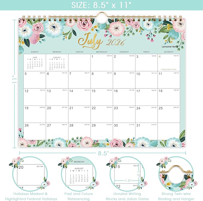 Calendar 2026-2027 - Wall Calendar 2026-2027, 11" x 8.5", JUL.2026 -DEC.2027, 18 Monthly Wall Planner Large, Hanging Hook, Wall Calendar With Twin-Wire Binding
