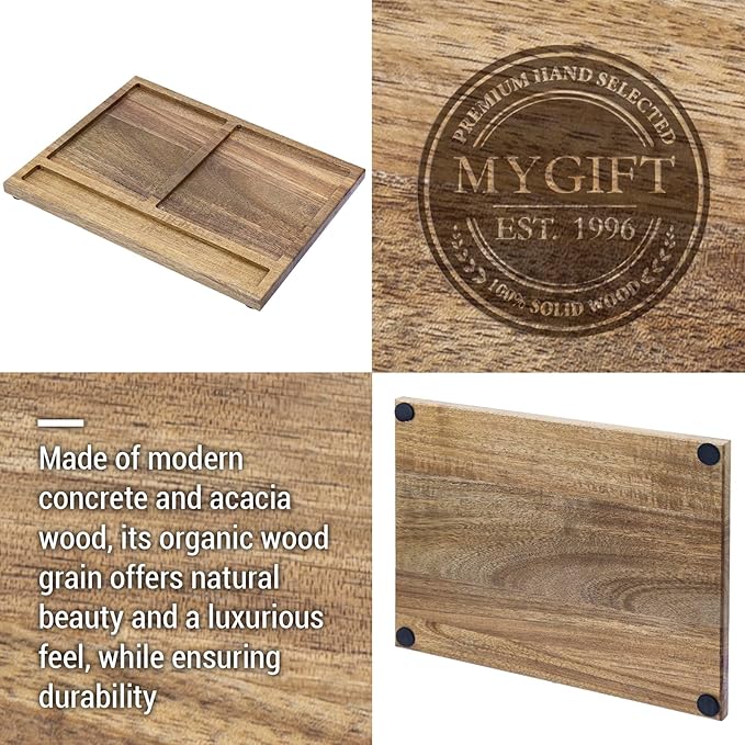 MyGift Desk Tray Concrete Desk Organizer Office Desktop Pen Holder Sticky Note Storage & Acacia Wood Tray – 3-Piece