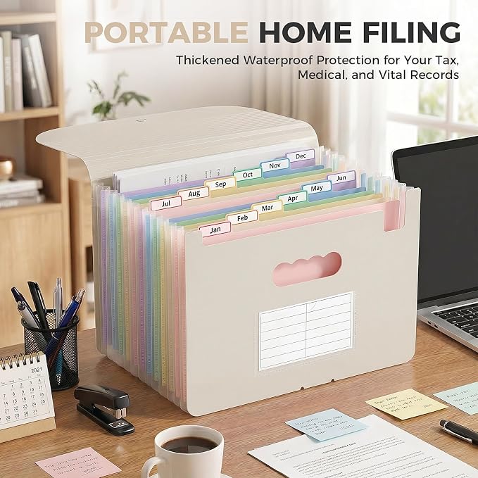 SKYDUE 13 Pocket Expanding File Folder, Accordion Document Organizer with Monthly Labels, A4 & Letter Size for Tax Records, Medical Files, Receipts, Home Office Brown