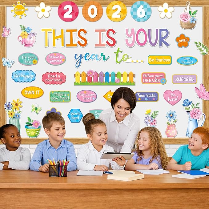 Eaasty Spring This is Your Year to Bulletin Board Set Flower Butterfly Cutouts Motivational Welcome Back to School Classroom Decor for School Office Chalkboard Door Wall Decor Supply
