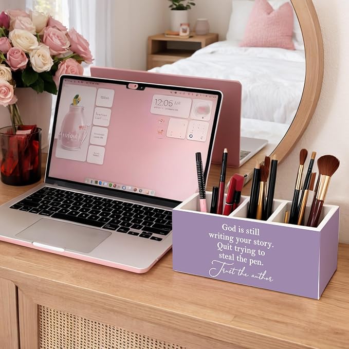 God is Still Writing Your Story Pen Holder | Inspirational Desk Organizer, Wooden 3-Compartment Pencil Caddy for Office, Home, Classroom