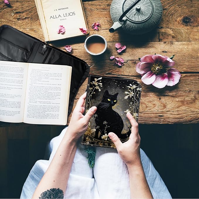 Bible Cover for Men Women,Large Leather Bible Case Fit Book Up to 11x8x2 Inch,Black Cat with Gold Floral Bible Covers Bible Study Carrier Church Bags w/Handle & Zipper