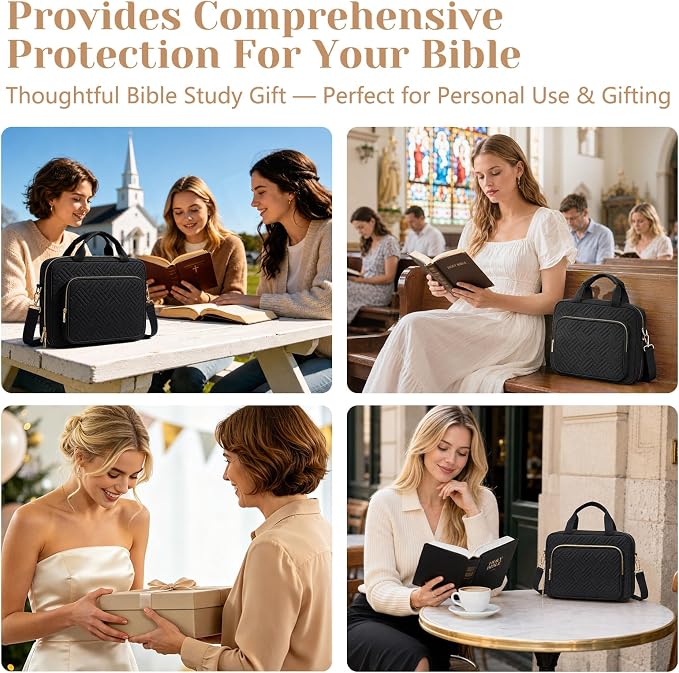 XKDOUS Bible Cover Case for Women, Quilted Large Bible Bag with Shoulder Strap, Bible Study Supplies with Highlighters, Tabs & Journaling Kit, Christian Gifts for Mom & Women (Black)