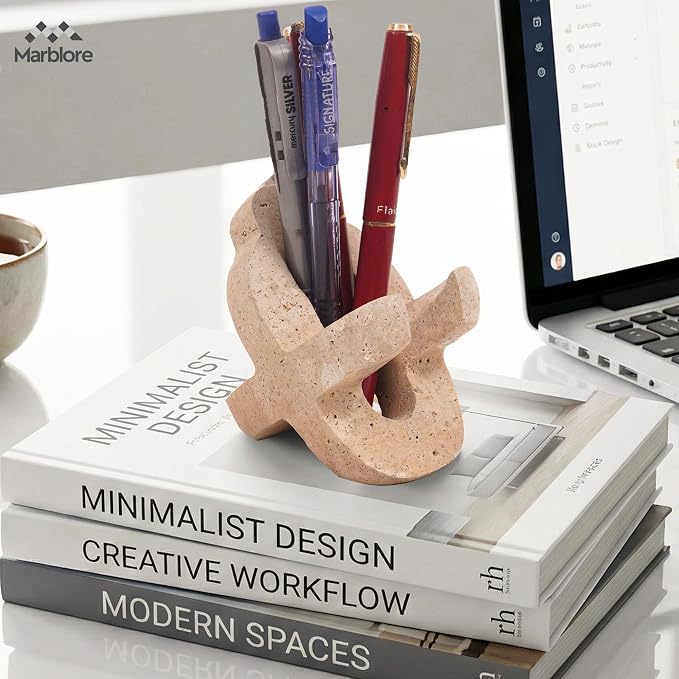 Marble Cell Phone Stand Holder in Travertine, 4'' Key & Sunglass Organizer, Pen & Pencil Stand for Office Stationery Home Office and Desk Stand Decor