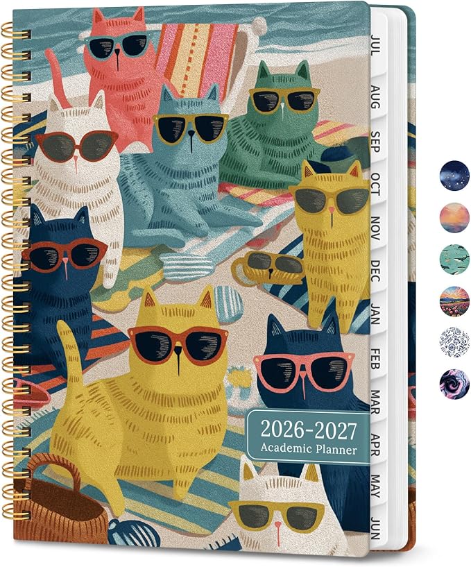 Planner 2026-2027, Monthly and Weekly Calendar Academic Planner July 2026 - June 2027, Hardcover Student Teacher Planning Agenda Book with Tabs, Perfect for Office School Supplies, A5 (6.3" x 8.5") - Beach Cats
